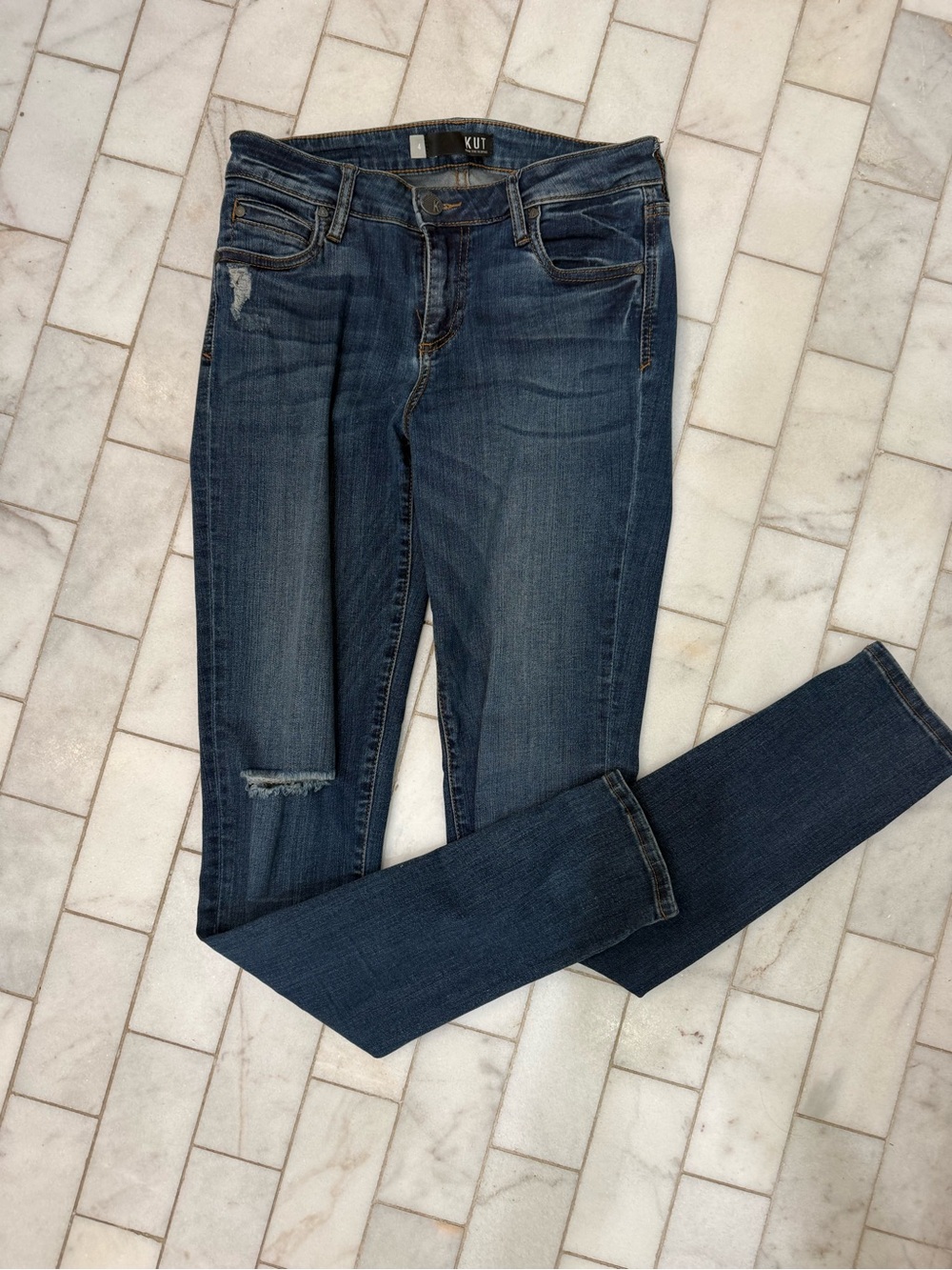 Kut from the Kloth Medium/Dark Blue Skinny Jeans with Light Distress